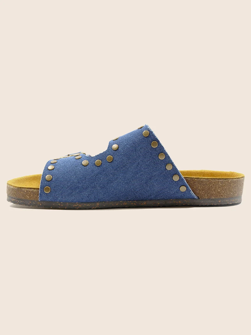 Mules liège clous toile jean bleu