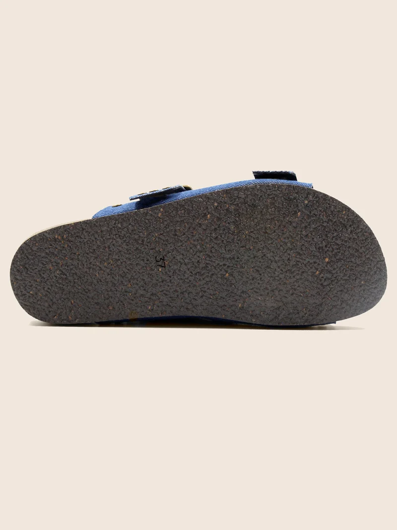Mules liège clous toile jean bleu