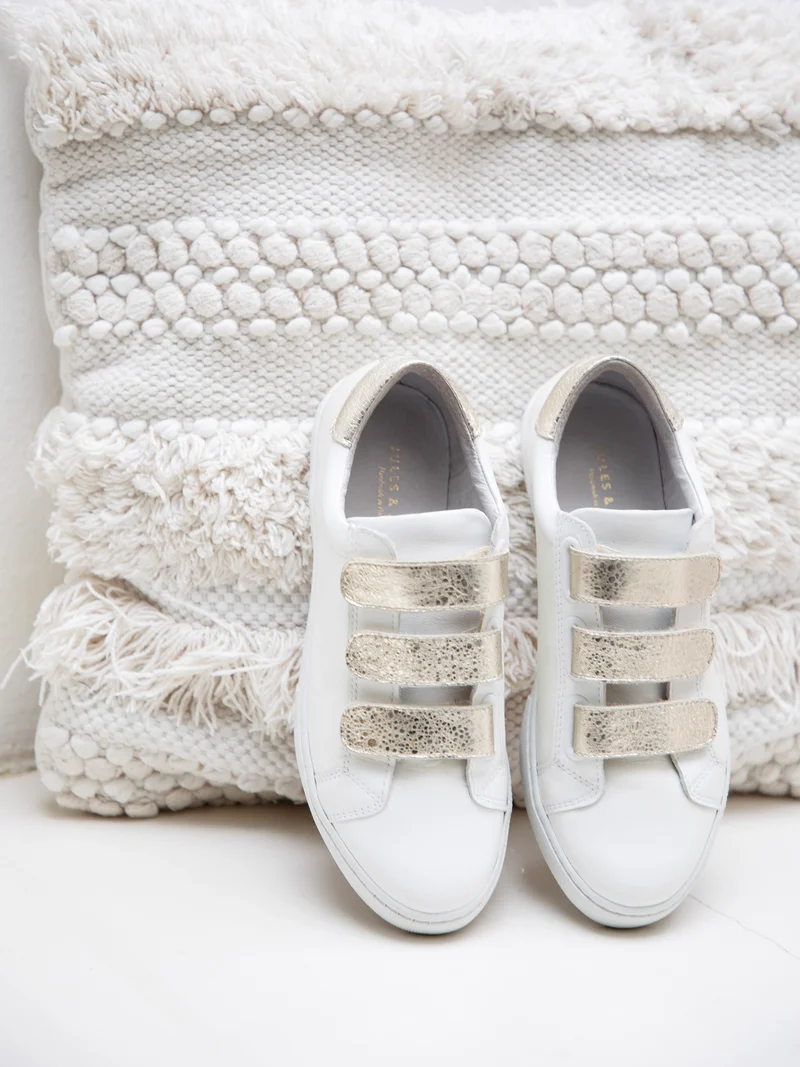 Baskets scratch cuir blanc doré