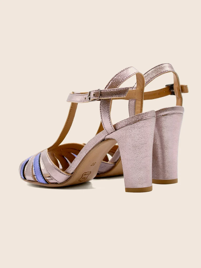 Sandales talon brides cuir argenté bleu