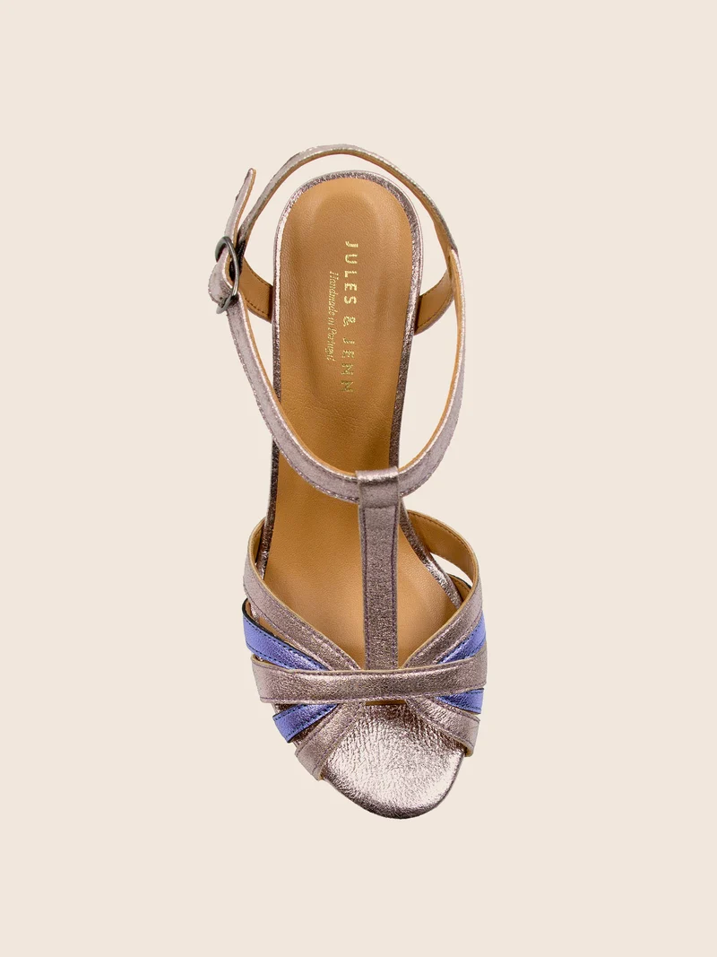 Sandales talon brides cuir argenté bleu