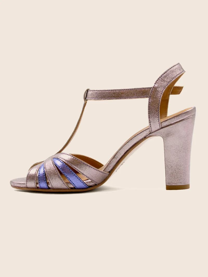 Sandales talon brides cuir argenté bleu
