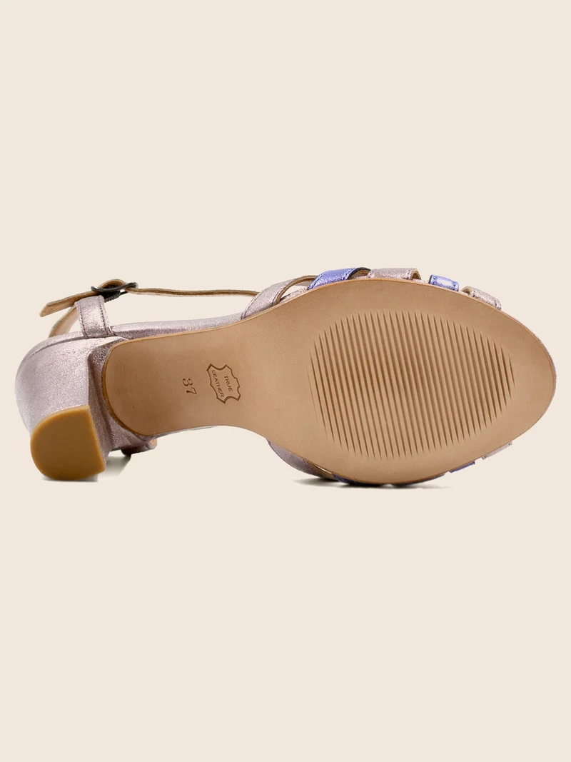 Sandales talon brides cuir argenté bleu