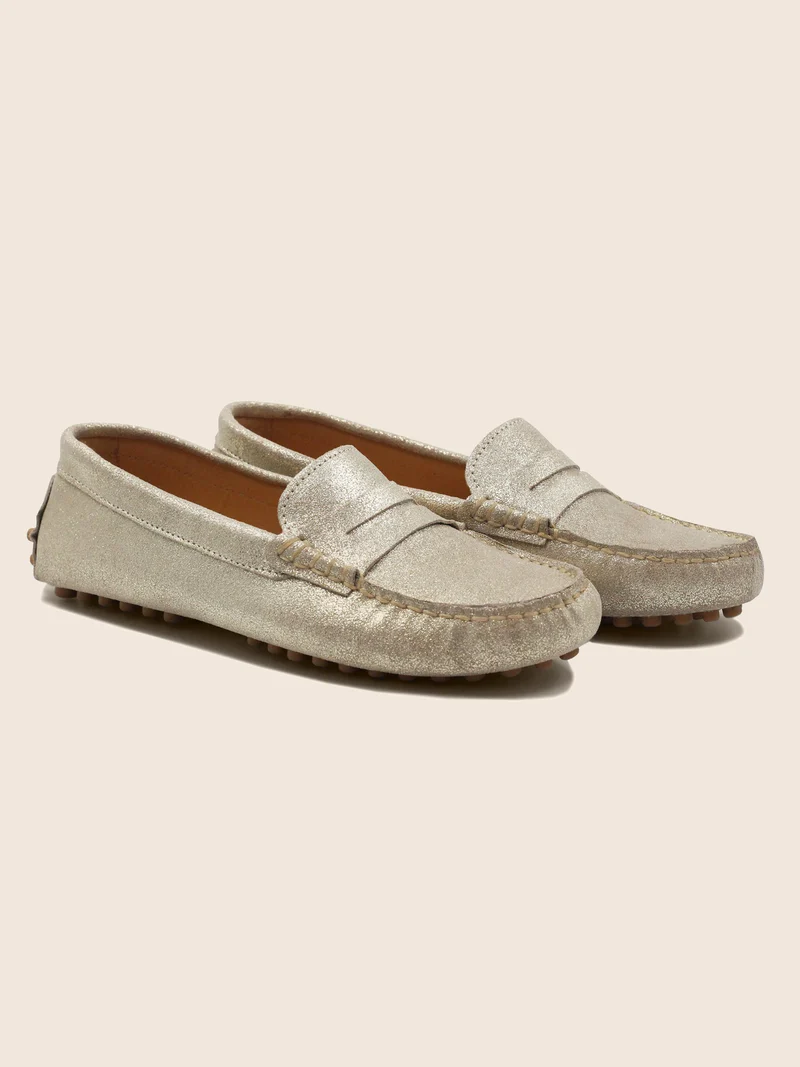 Mocassins cuir daim métallisé doré