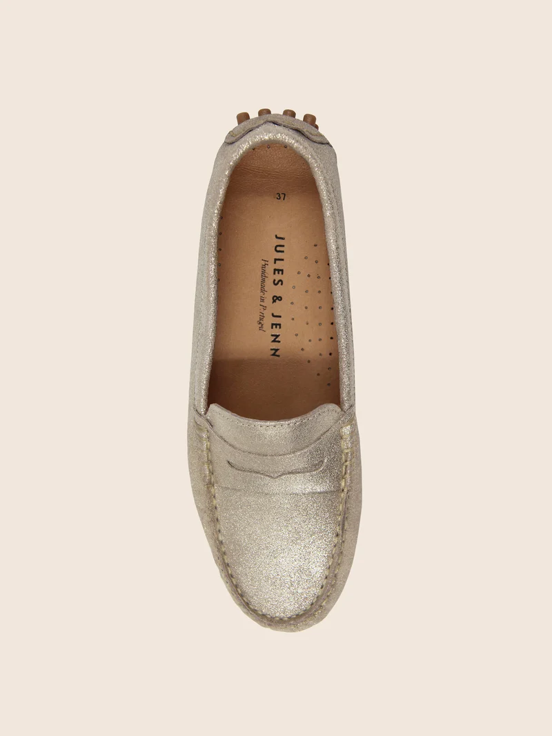 Mocassins cuir daim métallisé doré