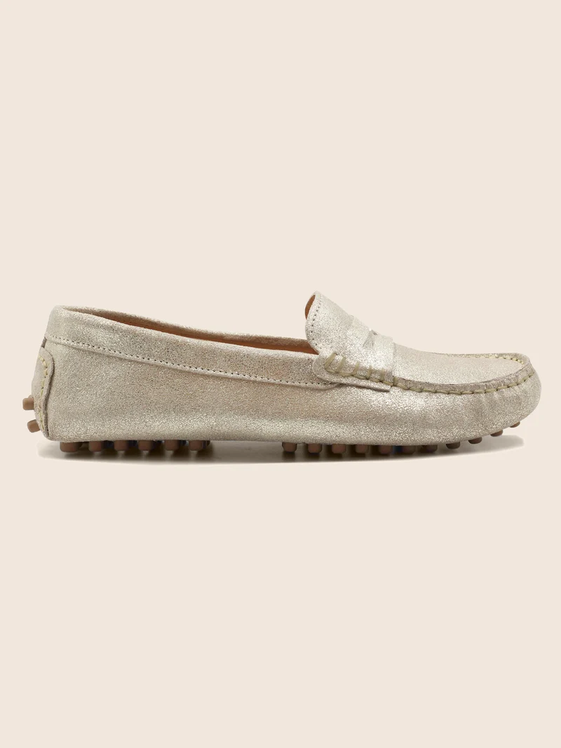 Mocassins cuir daim métallisé doré