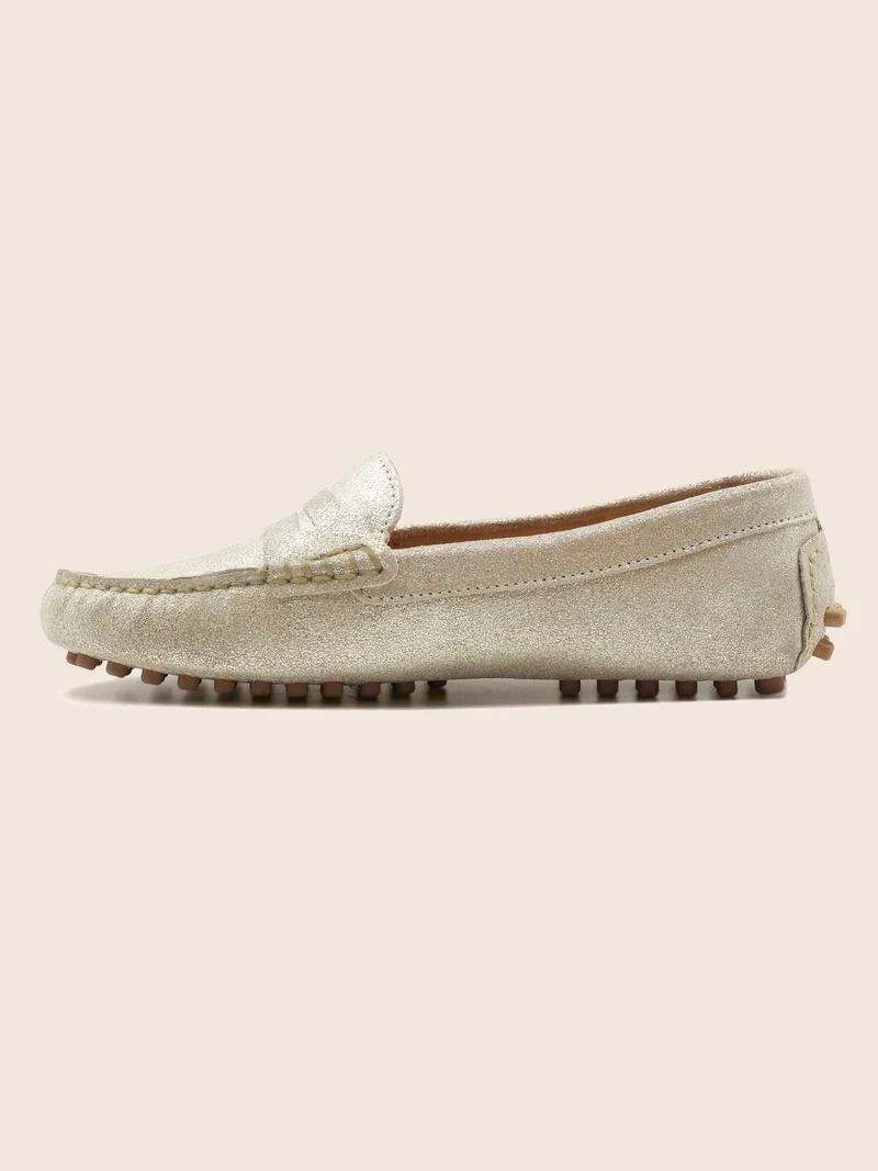 Mocassins cuir daim métallisé doré