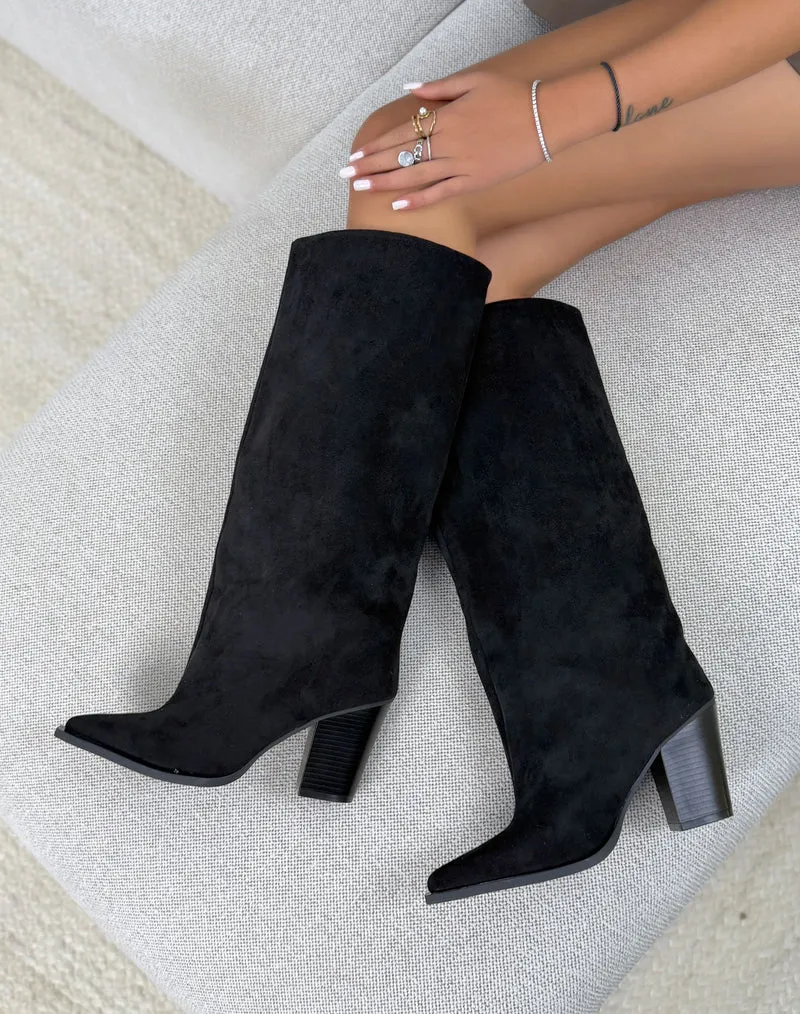 Bottes femme noires tendance en suédine à tige large et bout pointu