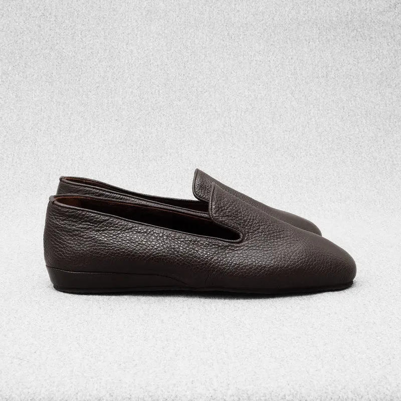 Chaussons marron foncé fourrés - Cuir grainé