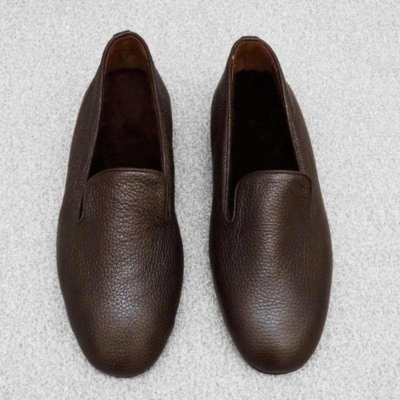 Chaussons marron foncé fourrés - Cuir grainé