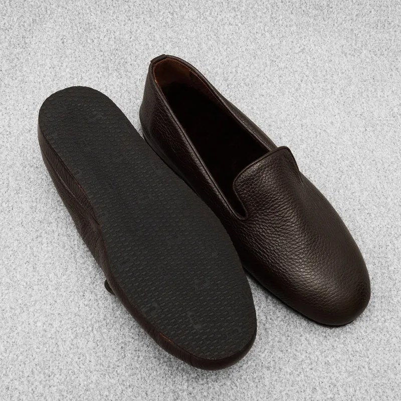 Chaussons marron foncé fourrés - Cuir grainé