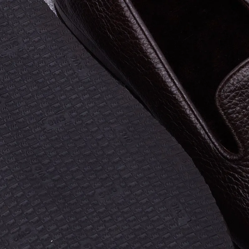 Chaussons marron foncé fourrés - Cuir grainé