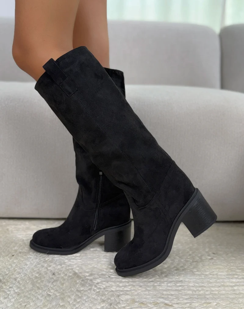 Bottes femme noires élégantes en suédine à talon épais