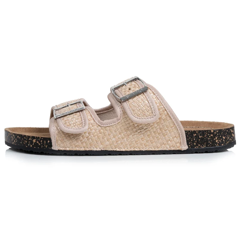 Mules sandales Femme double bride Rafia Beige