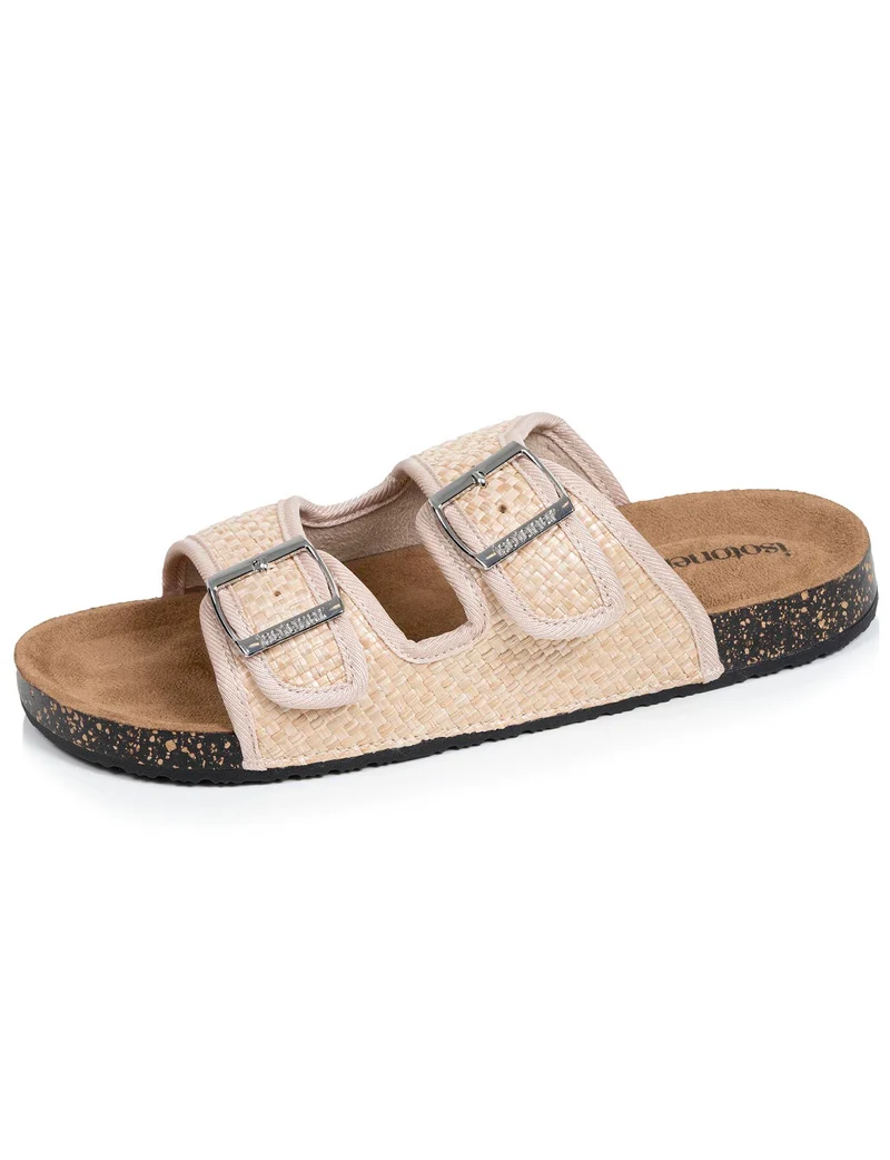 Mules sandales Femme double bride Rafia Beige