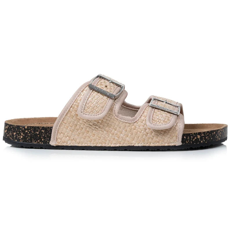 Mules sandales Femme double bride Rafia Beige