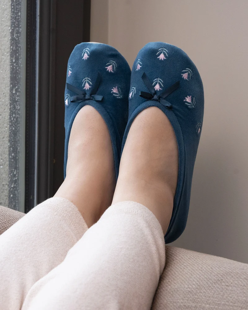 Chaussons ballerines Femme Grand Nœud Bleu fleurs