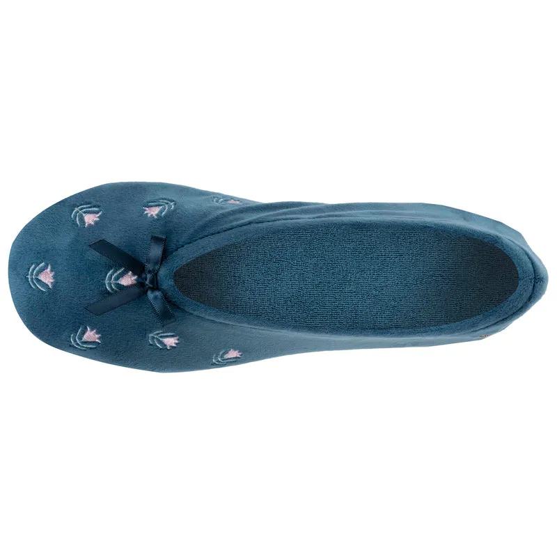 Chaussons ballerines Femme Grand Nœud Bleu fleurs