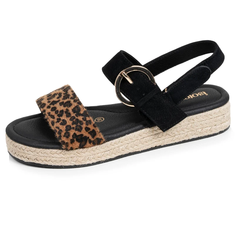 Sandales Femme corde tressée Noir/Léopard