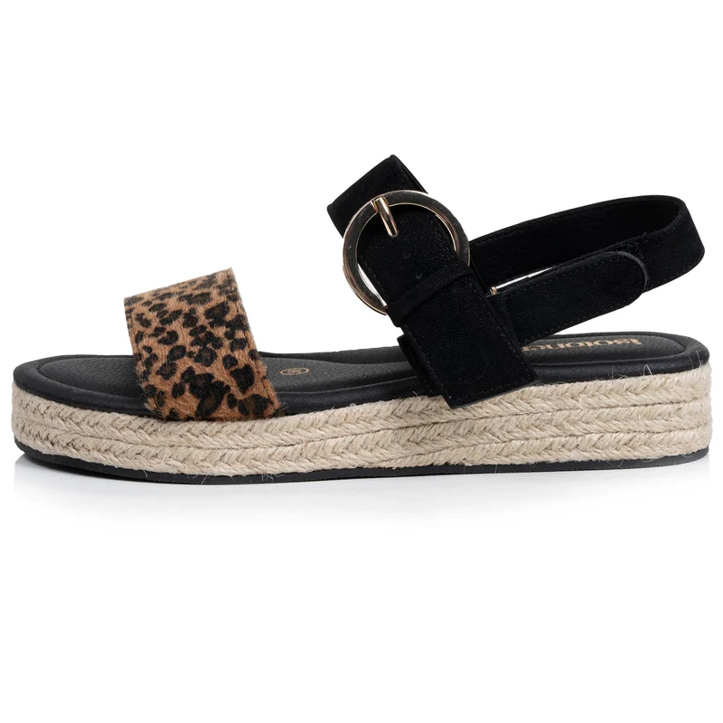 Sandales Femme corde tressée Noir/Léopard