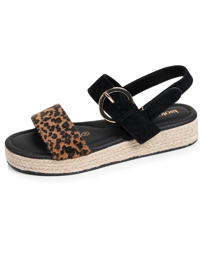 Sandales Femme corde tressée Noir/Léopard