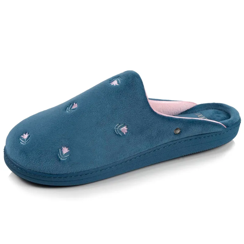 Chaussons mules Femme Bleu canard fleurs