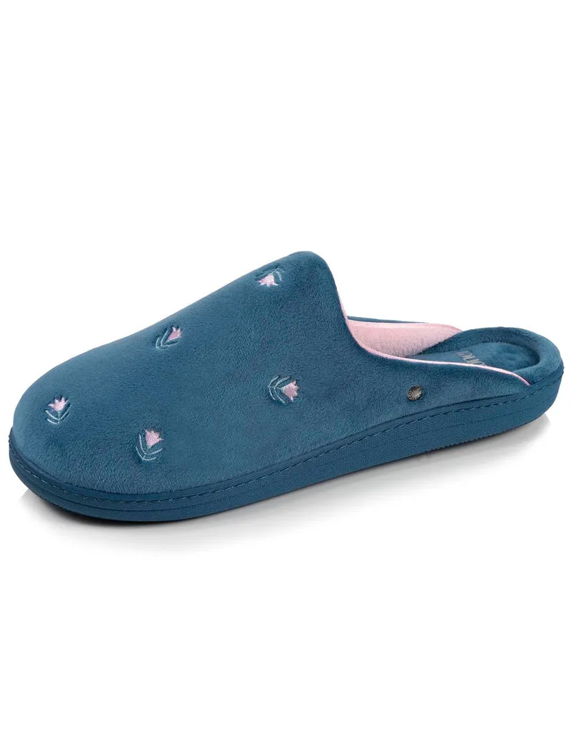 Chaussons mules Femme Bleu canard fleurs