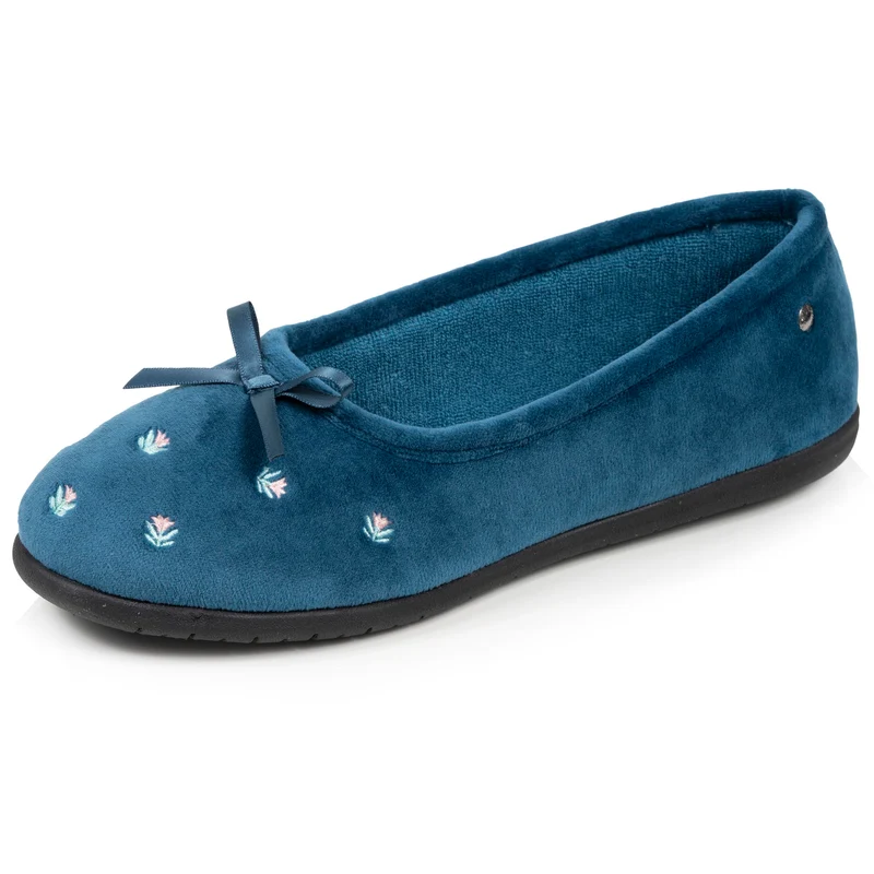 Chaussons ballerines Femme Bleu canard fleurs