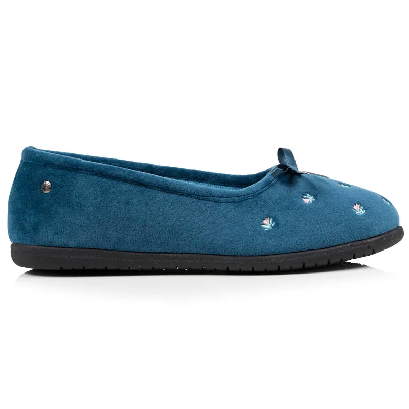 Chaussons ballerines Femme Bleu canard fleurs