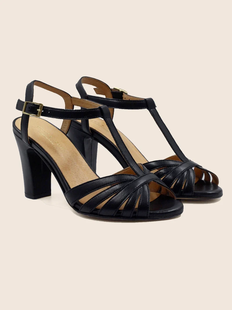 Sandales talon brides cuir noir