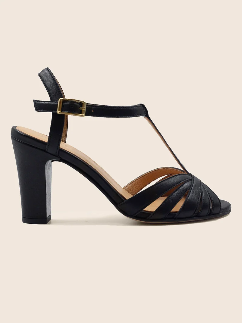 Sandales talon brides cuir noir