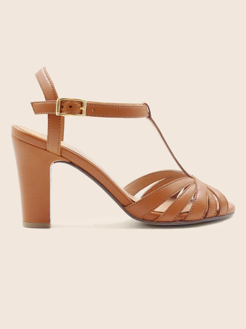 Sandales talon brides cuir camel
