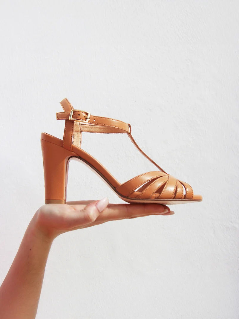 Sandales talon brides cuir camel