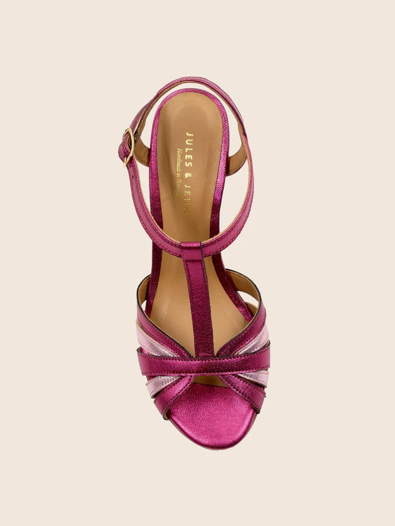 Sandales talon brides cuir métallisé rose