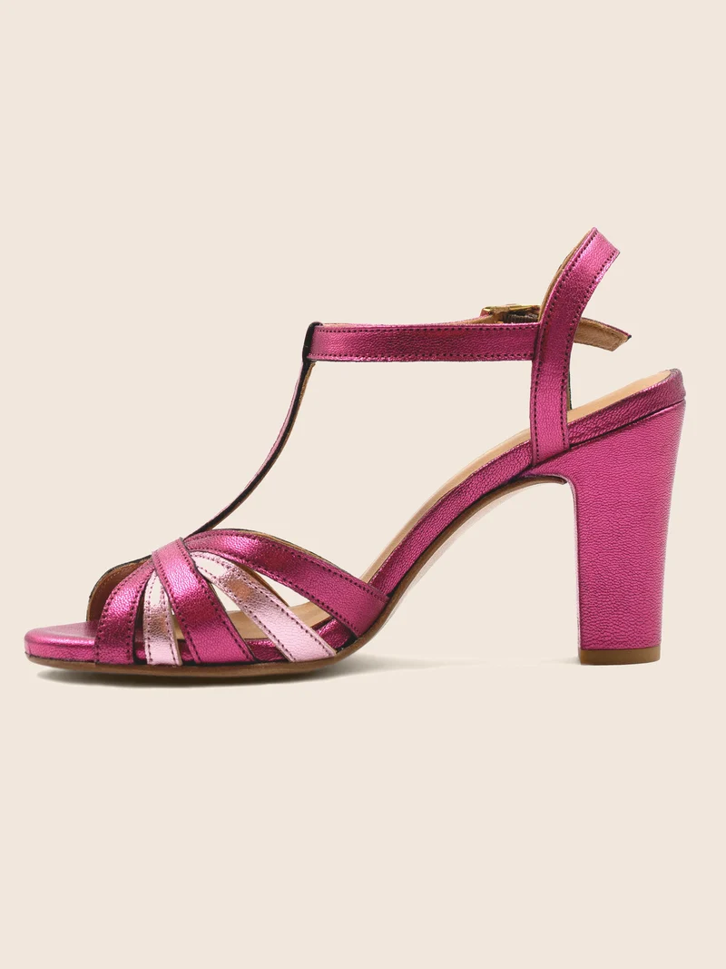 Sandales talon brides cuir métallisé rose