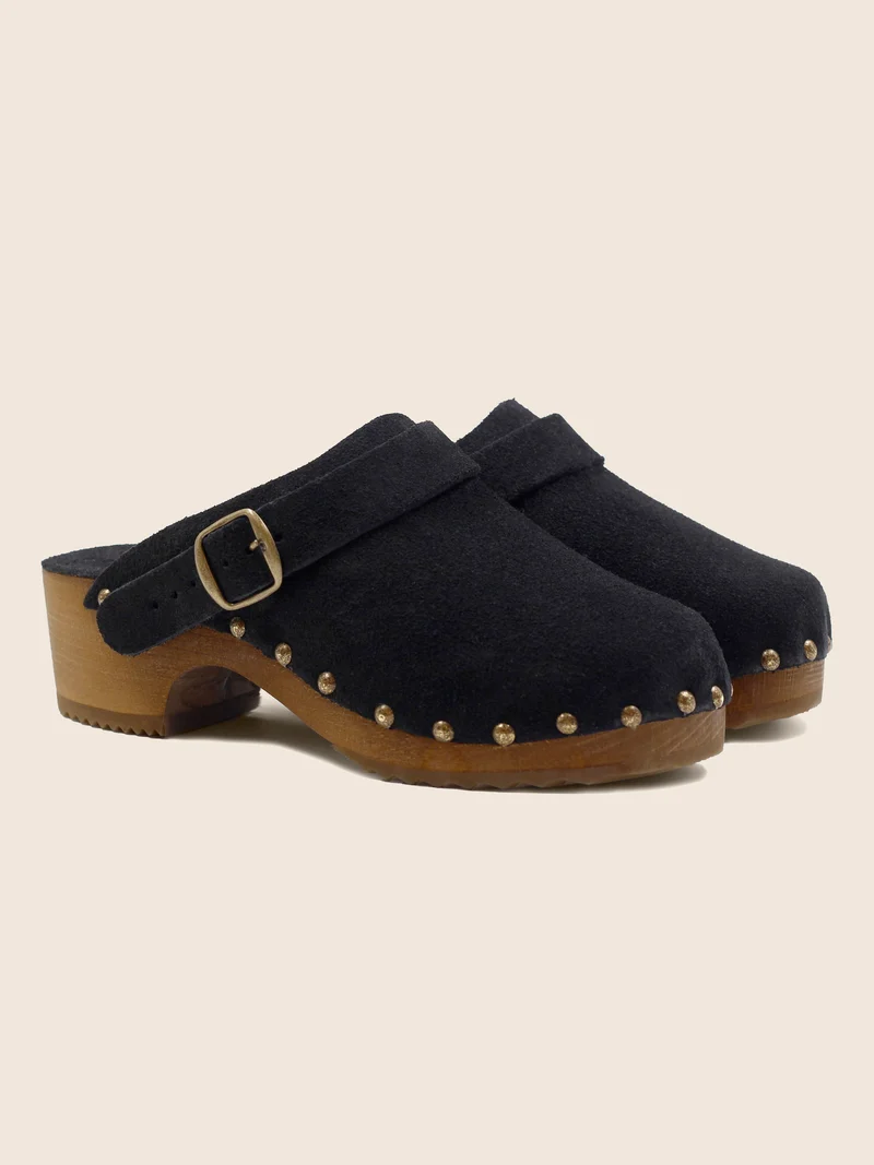 Sabots bois brides cuir daim noir