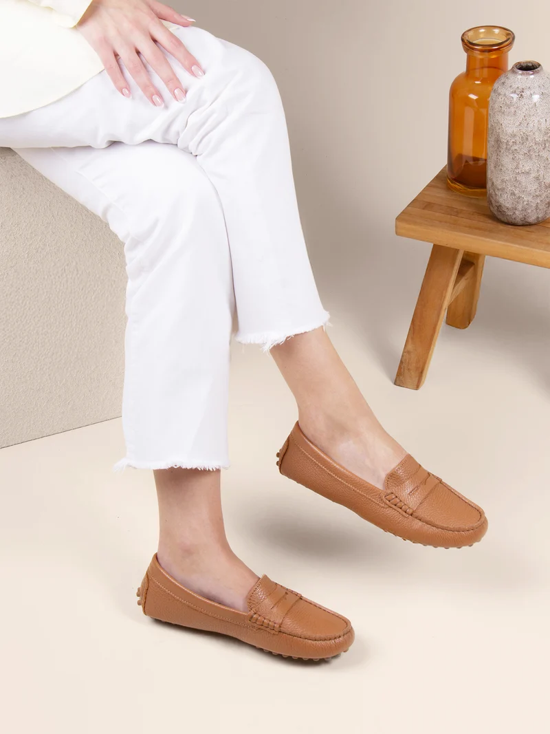 Mocassins cuir grainé camel