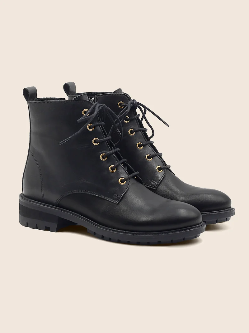 Bottines plates à lacet cuir noir