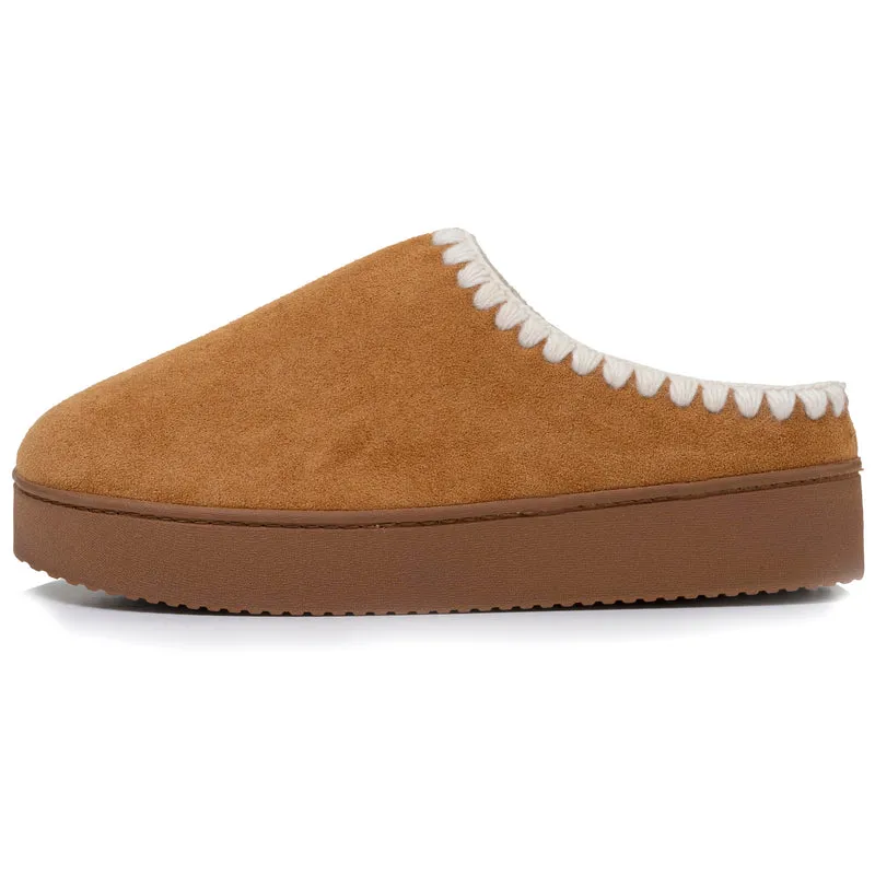 Chaussons mules Femme plateforme Camel liseré