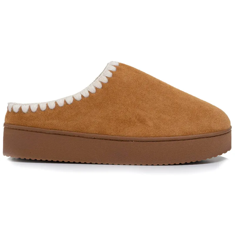 Chaussons mules Femme plateforme Camel liseré