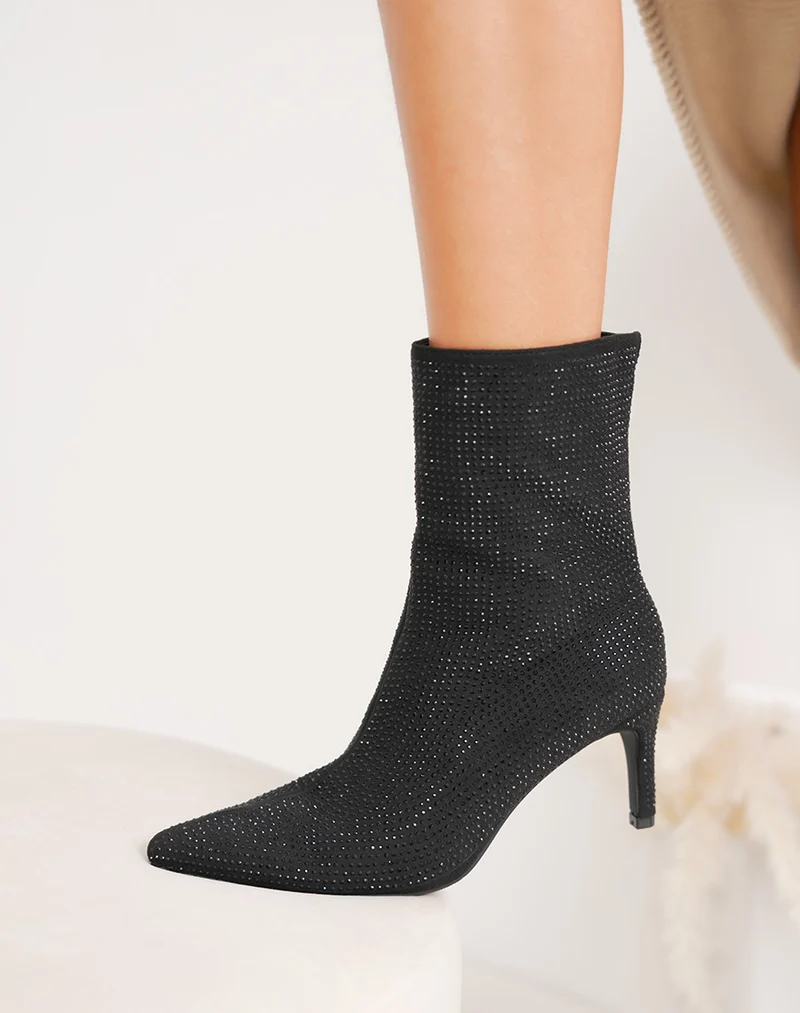 Bottines noires à strass à bout pointu et talon aiguille
