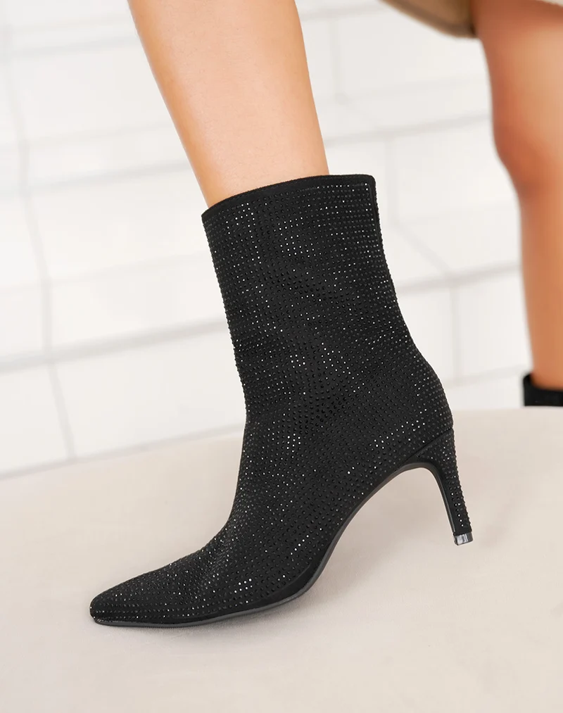 Bottines noires à strass à bout pointu et talon aiguille