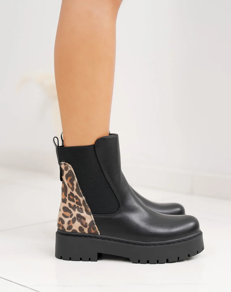 Bottines noires style Chelsea bi-matière à imprimé léopard
