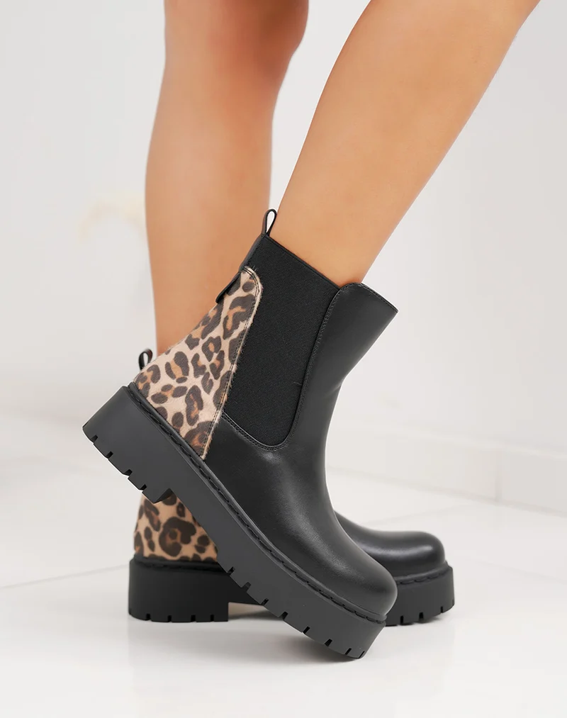 Bottines noires style Chelsea bi-matière à imprimé léopard