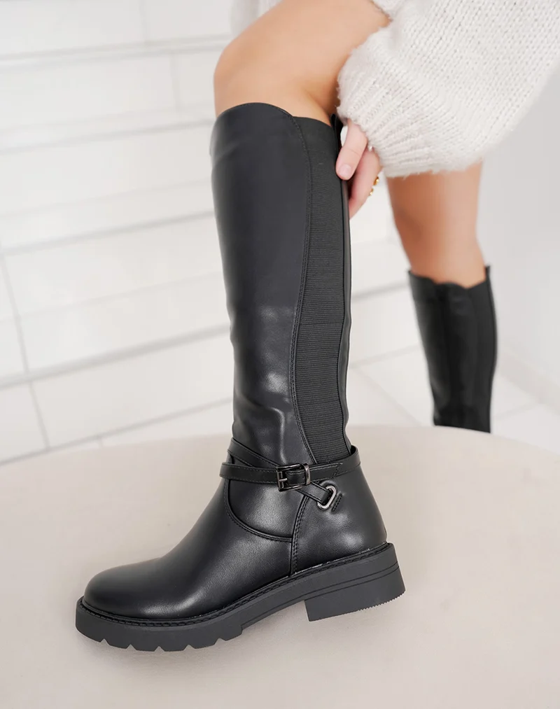 Bottes femme noires cavalières à double lanière fine et semelle crantée