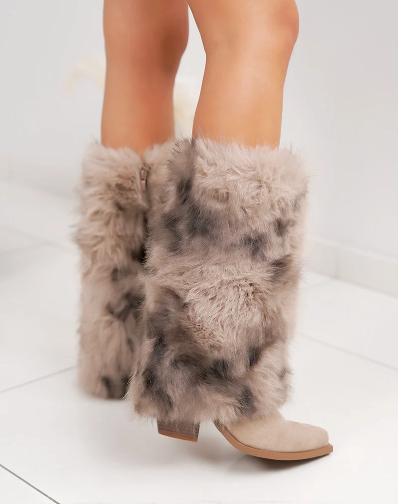 Bottes santiags à revers fourrées beige