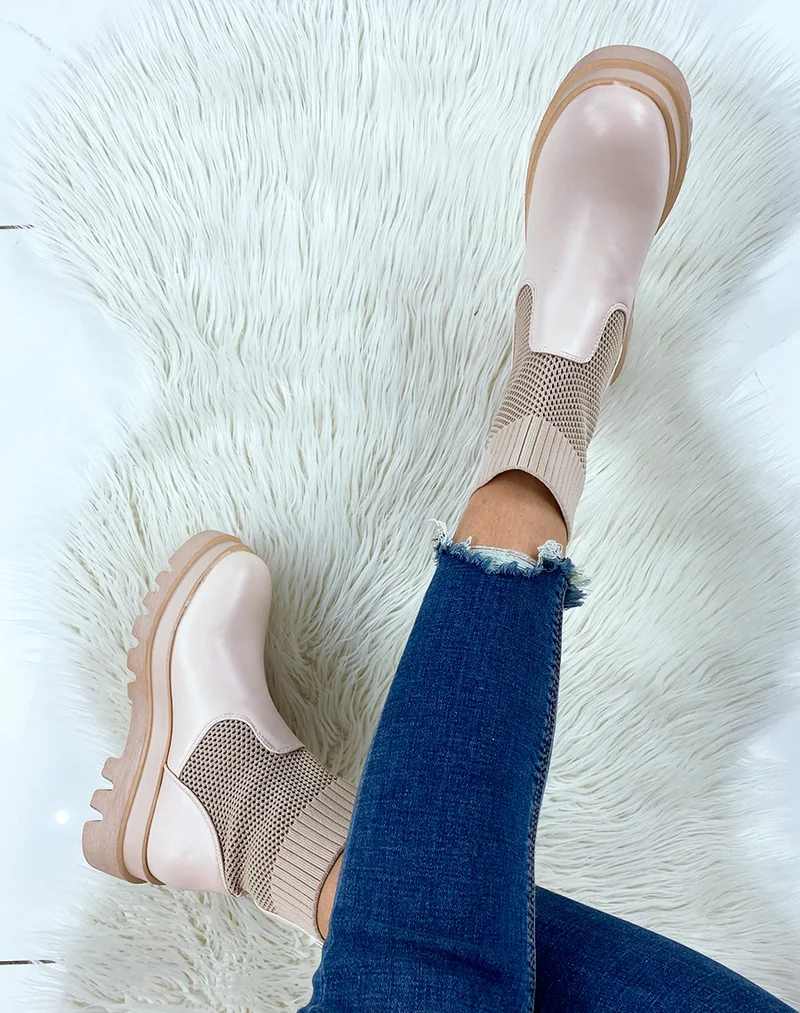 Bottines beiges bi-matières chaussette