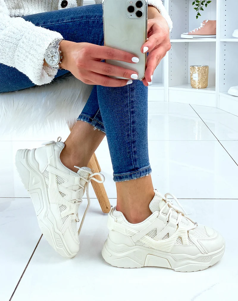 Baskets beiges bi-matière à plateforme XXL