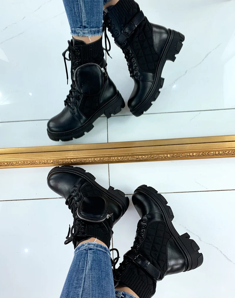 Bottines hautes noires matelassés à semelle crantée