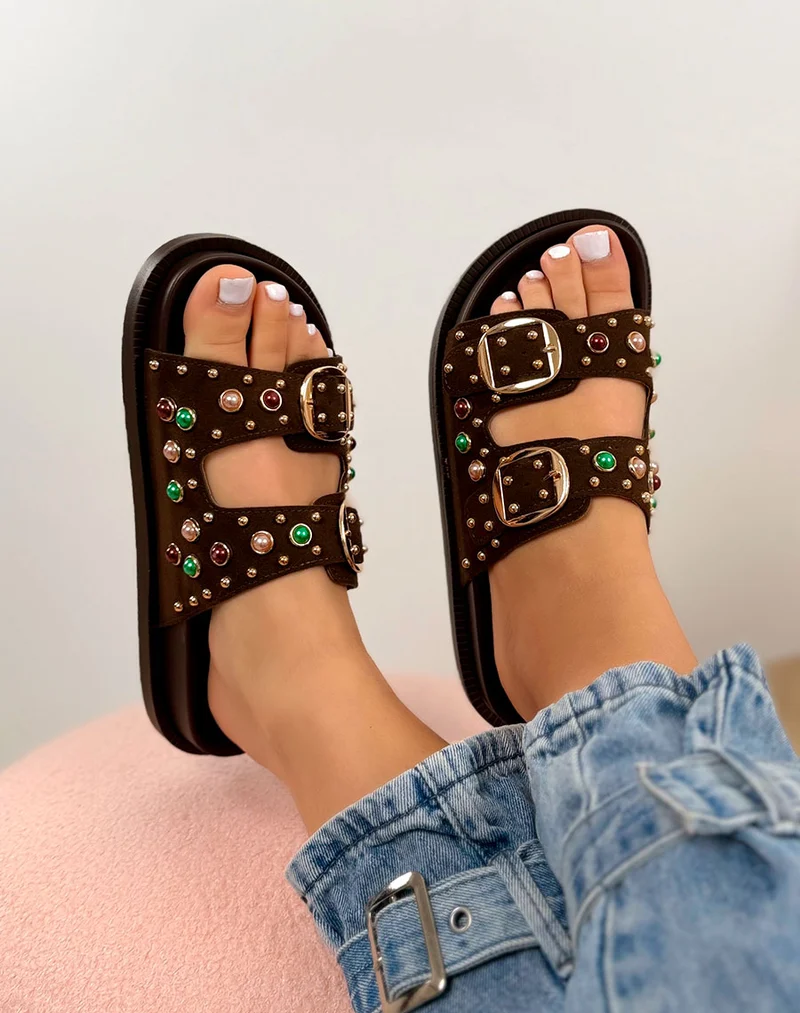 Mules femme marron tendance à double boucle avec perles colorées